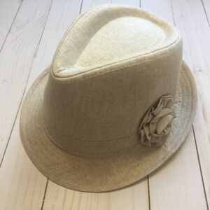 MADDHATTER Oatmeal Linen Fedora with Rosette EUC